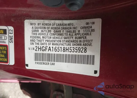 2008 Honda Civic Lx из США, поврежденный, VIN 2HGFA16518H535928